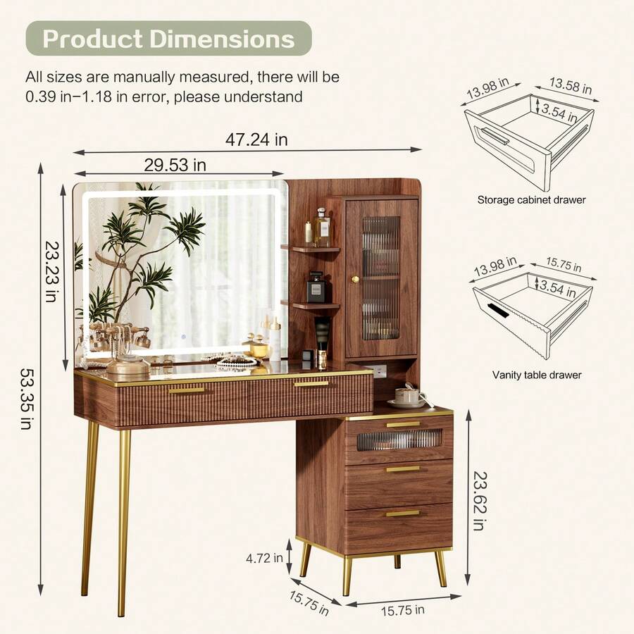 47.24" Big Modern Vanity Desk With Mirror And Lights,Makeup Vanity Desk With 5 Drawers And Storage Shelves & Power Outlet,Dressing Table With Glass Top, Walnut