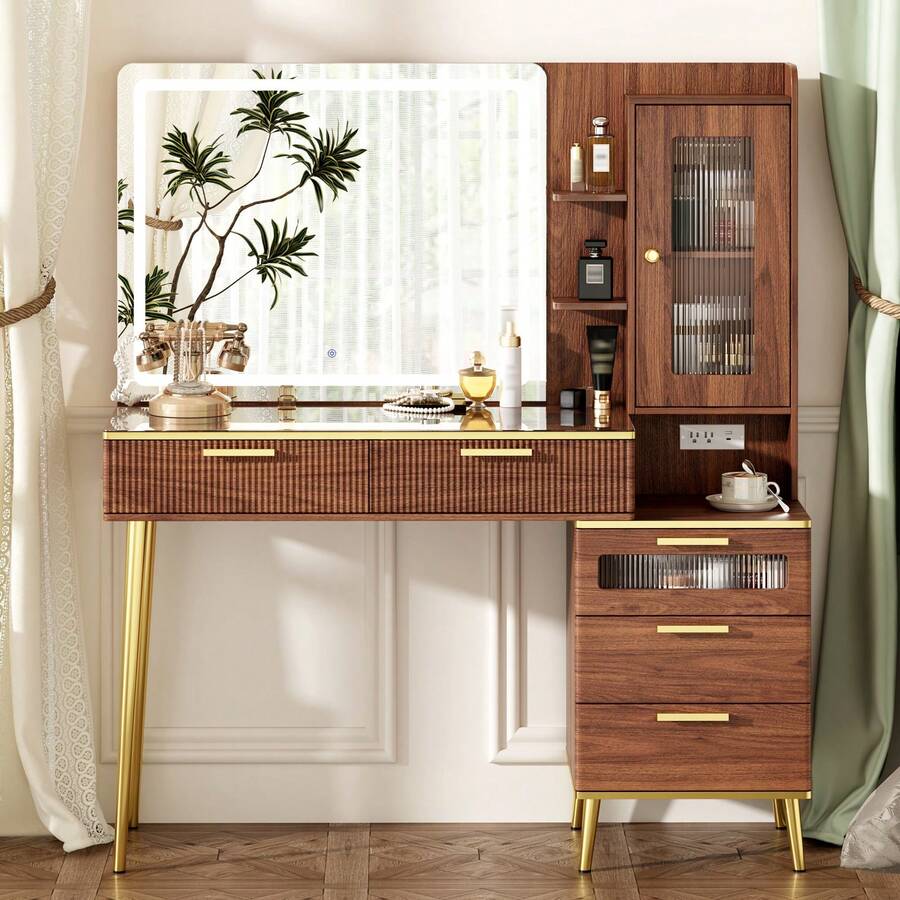 47.24" Big Modern Vanity Desk With Mirror And Lights,Makeup Vanity Desk With 5 Drawers And Storage Shelves & Power Outlet,Dressing Table With Glass Top, Walnut