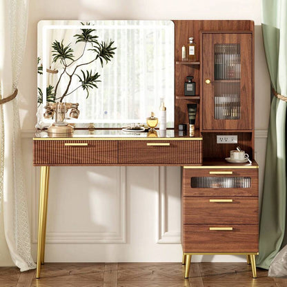 47.24" Big Modern Vanity Desk With Mirror And Lights,Makeup Vanity Desk With 5 Drawers And Storage Shelves & Power Outlet,Dressing Table With Glass Top, Walnut