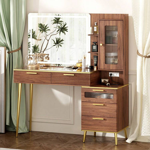 47.24" Big Modern Vanity Desk With Mirror And Lights,Makeup Vanity Desk With 5 Drawers And Storage Shelves & Power Outlet,Dressing Table With Glass Top, Walnut