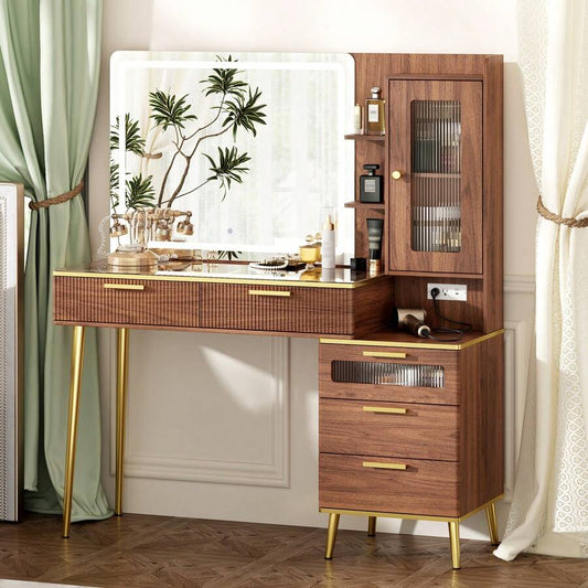 47.24" Big Modern Vanity Desk With Mirror And Lights,Makeup Vanity Desk With 5 Drawers And Storage Shelves & Power Outlet,Dressing Table With Glass Top, Walnut