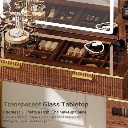 47.24" Big Modern Vanity Desk With Mirror And Lights,Makeup Vanity Desk With 5 Drawers And Storage Shelves & Power Outlet,Dressing Table With Glass Top, Walnut