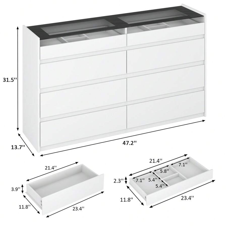 8 Drawers Closet Island With Tempered Glass Top, Walk-In Closet Island & Dresser With Jewelry Storage, Bedroom Storage Cabinet For Closet, Cloakroom, White