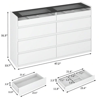 8 Drawers Closet Island With Tempered Glass Top, Walk-In Closet Island & Dresser With Jewelry Storage, Bedroom Storage Cabinet For Closet, Cloakroom, White