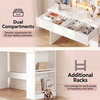 Vanity Desk With Mirror And LED Lights, Makeup Vanity Table With 3 Lighting Color, Adjustable Brightness, Vanity Table With 2 Drawers, Side Storage, For Bedroom