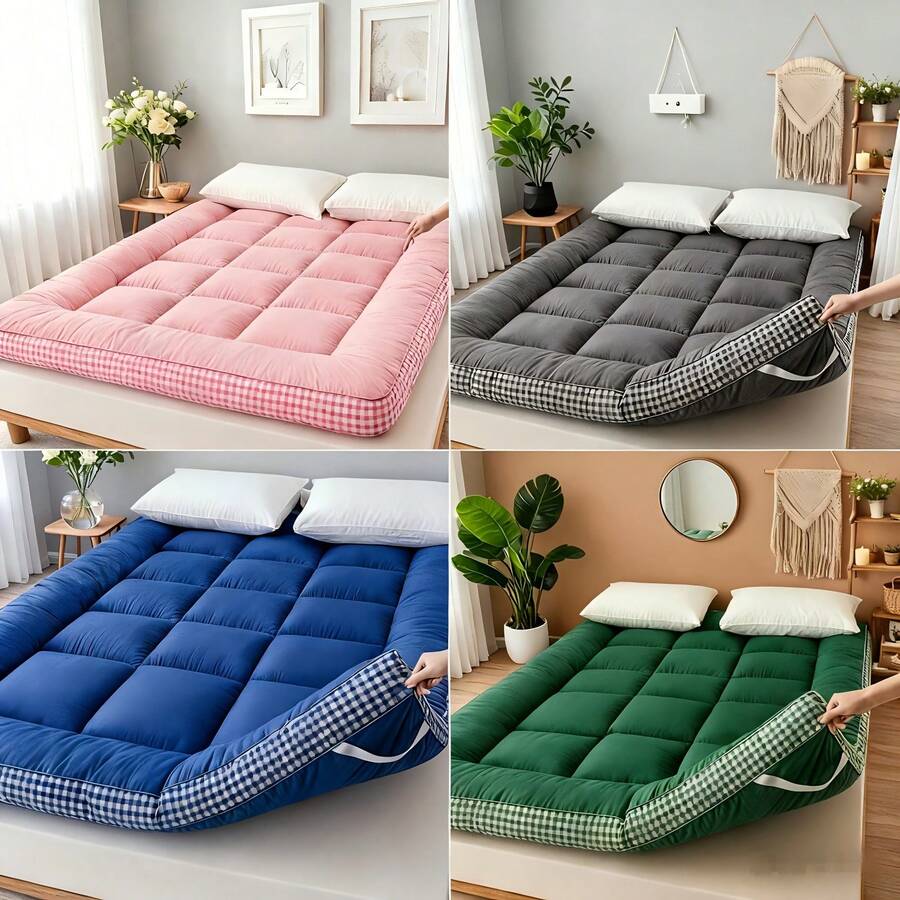 [1pcs 900gsm King Mattress Topper] Thin Mattress Pad With Checkered Print On The Side, Featuring Straps At The Corners Fit Over The Mattress, Foldable, Soft & Warm Mattress Protector | Low Allergenic & Breathable | Bedroom, Dormitory & Tatami