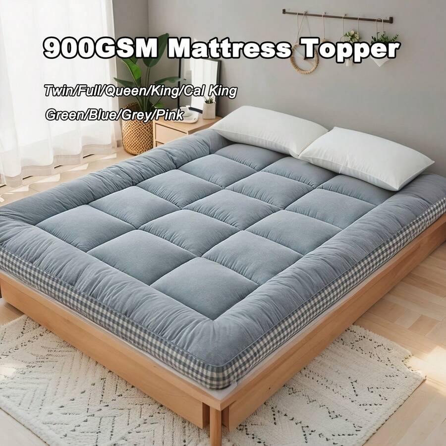 [1pcs 900gsm King Mattress Topper] Thin Mattress Pad With Checkered Print On The Side, Featuring Straps At The Corners Fit Over The Mattress, Foldable, Soft & Warm Mattress Protector | Low Allergenic & Breathable | Bedroom, Dormitory & Tatami