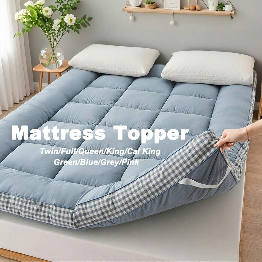 [1pcs 900gsm King Mattress Topper] Thin Mattress Pad With Checkered Print On The Side, Featuring Straps At The Corners Fit Over The Mattress, Foldable, Soft & Warm Mattress Protector | Low Allergenic & Breathable | Bedroom, Dormitory & Tatami