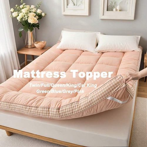 [1pcs 900gsm King Mattress Topper] Thin Mattress Pad With Checkered Print On The Side, Featuring Straps At The Corners Fit Over The Mattress, Foldable, Soft & Warm Mattress Protector | Low Allergenic & Breathable | Bedroom, Dormitory & Tatami