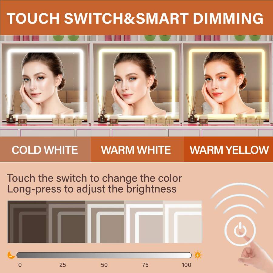 60.82" Full Length Mirror Makeup Vanity Desk With Smart LED Mirror & Charging Station, Transparent Top With 11 RGB Drawers, 10 Shelves, 3 Lighting Modes & Adjustable Brightness, Vanity Woman, White