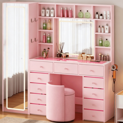 60.82" Full Length Mirror Makeup Vanity Desk With Smart LED Mirror & Charging Station, Transparent Top With 11 RGB Drawers, 10 Shelves, 3 Lighting Modes & Adjustable Brightness, Vanity Woman, White