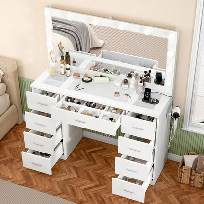 46" Vanity Desk With Glass Top & Lights Mirror, 3 Adjustable Lighting Color, Makeup Vanity With 9 Drawers And 12 LED Lights, Dressing Table For Bedroom, Vanity For Girls, White