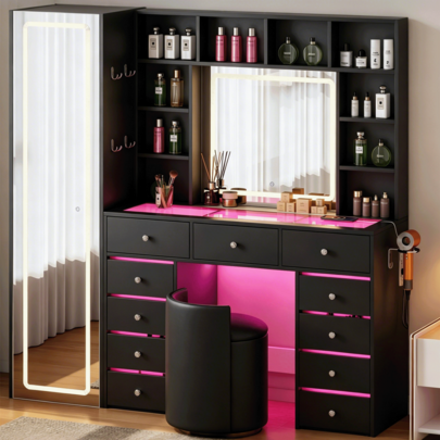 60.82" Full Length Mirror Makeup Vanity Desk With Smart LED Mirror & Charging Station, Transparent Top With 11 RGB Drawers, 10 Shelves, 3 Lighting Modes & Adjustable Brightness, Vanity Woman, White