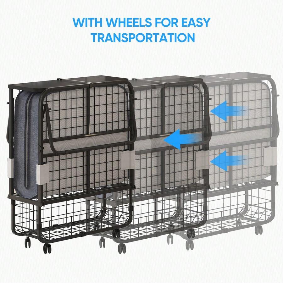 Twin Size Portable Rollaway Folding Bed With 5" High Resilient Foam Mattress, Sturdy Metal Wire Grid Frame, Lockable Wheels Space Saving Fold Away Guest Bed For Small Apartment Office Adult