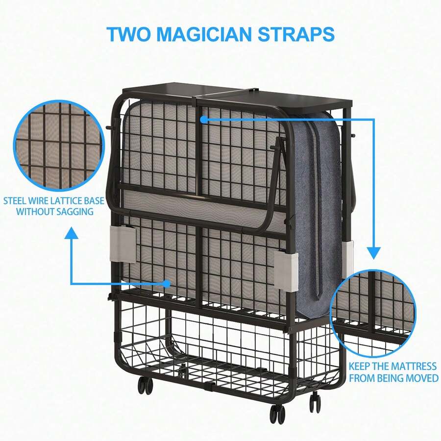 Twin Size Portable Rollaway Folding Bed With 5" High Resilient Foam Mattress, Sturdy Metal Wire Grid Frame, Lockable Wheels Space Saving Fold Away Guest Bed For Small Apartment Office Adult