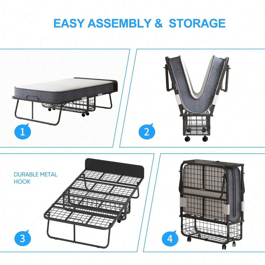 Twin Size Portable Rollaway Folding Bed With 5" High Resilient Foam Mattress, Sturdy Metal Wire Grid Frame, Lockable Wheels Space Saving Fold Away Guest Bed For Small Apartment Office Adult